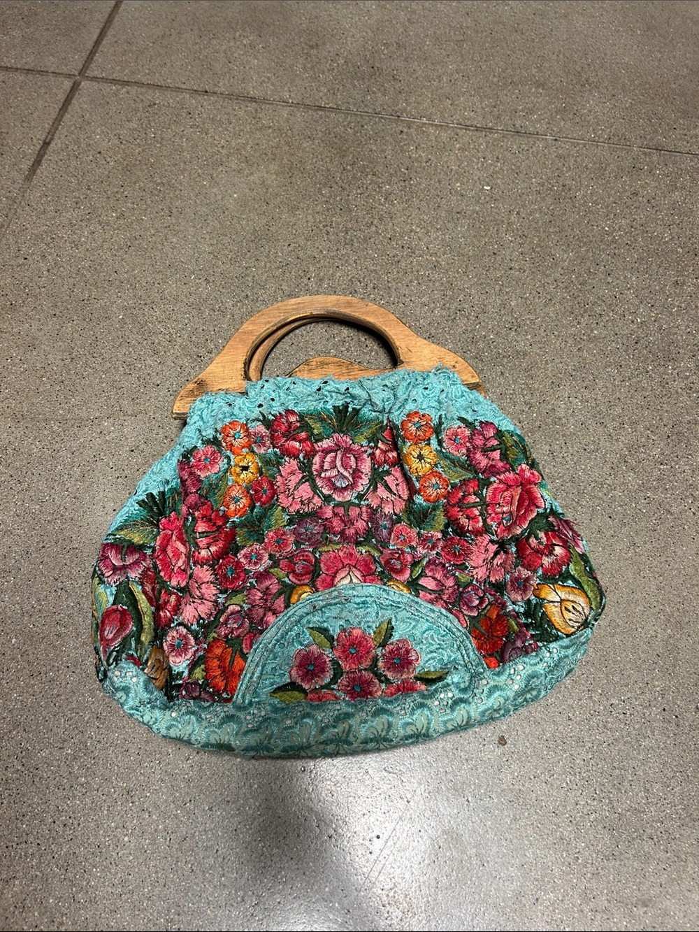 Turquoise Floral Embroidered Wooden-Handle Tote